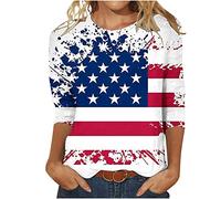 Keepink 4th July Independence Day Shirts for Women 3/4 Sleeve Loose Tops American Flag Shirt Patriotic T-Shirt Funny USA Star Stripes Shirt Red White Blue Graphic Tees Tshirts