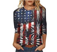 Keepink 4th July Independence Day Shirts for Women 3/4 Sleeve Loose Tops American Flag Shirt Patriotic T-Shirt Funny USA Star Stripes Shirt Red White Blue Graphic Tees Tshirts