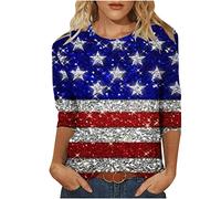 Keepink 4th July Independence Day Shirts for Women 3/4 Sleeve Loose Tops American Flag Shirt Patriotic T-Shirt Funny USA Star Stripes Shirt Red White Blue Graphic Tees Tshirts