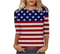 Keepink 4th of July Shirts for Women America USA Flag Stars Stripes Graphic T Shirt Summer Casual 3/4 Sleeve Top Crewneck Tunic Blouse Ladies Tops Loose Fit Pullover Tees Size 8-16