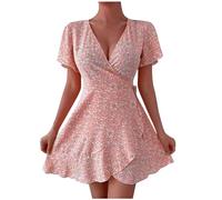Keepink Boho Dresses for Women UK Clearance Ladies Floral Summer Dresses Short Sleeve V-Neck Wrap Dresses Waist Tie Ruffle Mini Swing Dresses Sexy Going Out Dress Beach Dresses