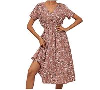 Keepink Boho Dresses for Women UK Petite Floral Midi Dress Summer Dresses Casual Short Sleeve V Neck Wrap Dresses Formal Wedding Guest Dresses A Line Vintage Dresses Elegant Work Dress