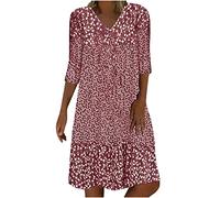 Keepink Boho Dresses for Women UK Plus Size 3/4 Sleeve Dress Floral Print V Neck Dress Loose T Shirt Flowy Dress Summer Casual Beach Dress Autumn Ladies Tunic Dress 10-20 Clearance