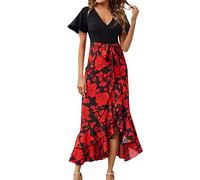Keepink Boho Dresses for Women UK V Neck Short Sleeve Dress Casual Floral Dress Elegant Formal Long Dress A Line High Low Wrap Dress Party Beach Wedding Guest Maxi Dresses Sale