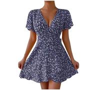 Keepink Boho Floral Summer Dress - Ladies V-Neck Wrap Mini Swing with Waist Tie and Ruffle Short Sleeves - Sexy Beach Going Out Dress UK Clearance