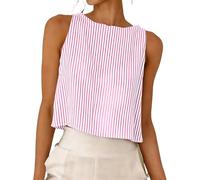 Keepink Boho Tops for Women UK Cotton Linen Sleeveless Vests Check Plaid Round Neck Tank Tops Casual Striped Pullover Shirt Cropped Blouse Summer Tee Trendy Loose Tshirt Streetwear
