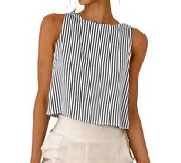 Keepink Boho Tops for Women UK Cotton Linen Sleeveless Vests Check Plaid Round Neck Tank Tops Casual Striped Pullover Shirt Cropped Blouse Summer Tee Trendy Loose Tshirt Streetwear
