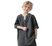 Keepink Boys Girls Tops V-Neck T-Shirt Long Sleeve Button-Down Henley Shirts Cotton Linen Oversized Top Lightweight Breathable Tunic Blouse Chlid Teens Formal School Uniform Shirts