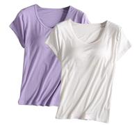 Keepink Built-in Bra T-Shirt for Womens 2PC Padded Active Tops Short Sleeves Blouses Soft Pajama Casual Shirts for Workout Yoga Gym Summer Casual Loose Fit Solid Color