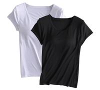 Keepink Built-in Bra T-Shirt for Womens 2PC Padded Active Tops Short Sleeves Blouses Soft Pajama Casual Shirts for Workout Yoga Gym Summer Casual Loose Fit Solid Color