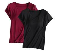 Keepink Built-in Bra T-Shirt for Womens 2PC Padded Active Tops Short Sleeves Blouses Soft Pajama Casual Shirts for Workout Yoga Gym Summer Casual Loose Fit Solid Color