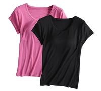 Keepink Built-in Bra T-Shirt for Womens 2PC Padded Active Tops Short Sleeves Blouses Soft Pajama Casual Shirts for Workout Yoga Gym Summer Casual Loose Fit Solid Color