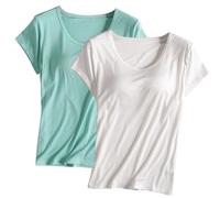 Keepink Built-in Bra T-Shirt for Womens 2PC Padded Active Tops Short Sleeves Blouses Soft Pajama Casual Shirts for Workout Yoga Gym Summer Casual Loose Fit Solid Color