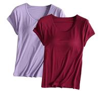 Keepink Built in Bra Tops Women UK Plus Size Multipack 2 Pcs Solid Color Crew Neck Short Sleeve T Shirts Gym Shirts Basic Athletic Tees Lounge Homewear Comfy Soft Pajamas S-4XL Sale