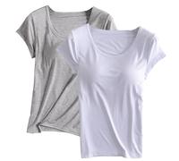 Keepink Built in Bra Tops Women UK Plus Size Multipack 2 Pcs Solid Color Crew Neck Short Sleeve T Shirts Gym Shirts Basic Athletic Tees Lounge Homewear Comfy Soft Pajamas S-4XL Sale