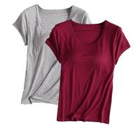 Keepink Built in Bra Tops Women UK Plus Size Multipack 2 Pcs Solid Color Crew Neck Short Sleeve T Shirts Gym Shirts Basic Athletic Tees Lounge Homewear Comfy Soft Pajamas S-4XL Sale