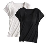 Keepink Built in Bra Tops Women UK Plus Size Multipack 2 Pcs Solid Color Crew Neck Short Sleeve T Shirts Gym Shirts Basic Athletic Tees Lounge Homewear Comfy Soft Pajamas S-4XL Sale