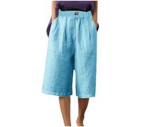 Keepink Capri Pants for Women UK Cotton Linen Straight Leg Trousers Plain Baggy Loungewear Pant Elasticated Waist Bottoms with Pocket Ladies 3/4 Length Cropped Trouser Plus Size S-3XL