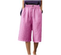 Keepink Capri Pants for Women UK Cotton Linen Straight Leg Trousers Plain Baggy Loungewear Pant Elasticated Waist Bottoms with Pocket Ladies 3/4 Length Cropped Trouser Plus Size S-3XL
