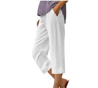 Keepink Capri Pants for Women UK Elastic High Waist Work Trousers Lightweight 3/4 Cotton Linen Summer Pants Solid Pockets Casual Yoga Capris Ladies Running Workout Jogger
