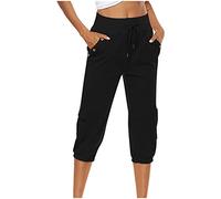 Keepink Capri Pants for Women UK Plus Size Casual Summer Trousers Drawstring Elastic High Waist Cotton Linen Trouser Baggy Wide Leg 3/4 Cropped Pants Pocket Jogging Bottoms Sweatpants