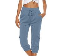 Keepink Capri Pants for Women UK Plus Size Casual Summer Trousers Drawstring Elastic High Waist Cotton Linen Trouser Baggy Wide Leg 3/4 Cropped Pants Pocket Jogging Bottoms Sweatpants