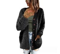 Keepink Cardigan Women Warm Teddy Bear Fluffy Coat Ladies Fleece Jacket Long Open Front Button Cardigans Oversized Long Sleeve Sherpa Lined Outerwear Casual Jumper Sweatshirts UK
