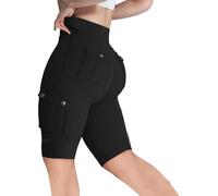 Keepink Cargo Shorts Women Skinny High Elasticated Waist Short Leg Pants Stretchy Tummy Control Knee Length Shorts Summer Yoga Shorts with Pockets Gym Ladies Cargo Shorts Petite