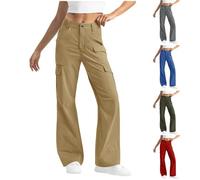 Keepink Cargo Trousers Women Casual Baggy Wide Leg Pants Solid Button Zipper Trouser Long Leg Work Pant Stretch High Waist Straight Leg Joggers with Pockets Petite Y2K Streetwear