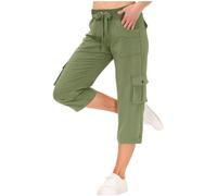 Keepink Cargo Trousers Women UK Straight Leg Crop Jogger Pants Drawstring Elasticated Waist Bottom Cotton Stretch Sweatpants with Pockets Womens Cropped Cargo Capri Trouser