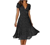 Keepink Casual Dresses for Women UK 2024 Drawstring Slim V Neck Short Sleeve Dress Summer Boho Swing Midi Dresses Retro Loose Mid-Calf Length Dress Ladies Elegant Party Cocktail Dresses