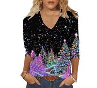 Keepink Christmas Jumpers for Women UK Funny Glitter Xmas Tree Print T Shirts 3/4 Sleeve V Neck Jumper Cute Animal Graphic Pullover Blouse Casual Tunic Tops Holiday Sweatshirts Gifts