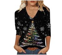Keepink Christmas Jumpers for Women UK Funny Glitter Xmas Tree Print T Shirts 3/4 Sleeve V Neck Jumper Cute Animal Graphic Pullover Blouse Casual Tunic Tops Holiday Sweatshirts Gifts
