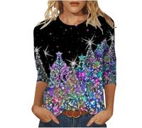 Keepink Christmas Jumpers for Women UK Novelty Xmas Tree Snowflake Graphic 3/4 Sleeve Tops Crewneck Tunic Blouse Trendy Loose Fit Pullover Shirts Classic Funny T Shirts Plus 8-22
