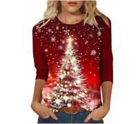 Keepink Christmas Jumpers for Women UK Novelty Xmas Tree Snowflake Graphic 3/4 Sleeve Tops Crewneck Tunic Blouse Trendy Loose Fit Pullover Shirts Classic Funny T Shirts Plus 8-22