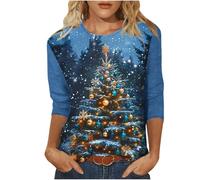 Keepink Christmas Jumpers for Women UK Novelty Xmas Tree Snowflake Graphic 3/4 Sleeve Tops Crewneck Tunic Blouse Trendy Loose Fit Pullover Shirts Classic Funny T Shirts Plus 8-22