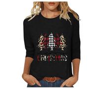 Keepink Christmas Jumpers for Women UK Novelty Xmas Tree Snowflake Graphic 3/4 Sleeve Tops Crewneck Tunic Blouse Trendy Loose Fit Pullover Shirts Classic Funny T Shirts Plus 8-22