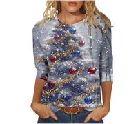 Keepink Christmas Jumpers for Women UK Plus Size 8-24 Glitter Xmas Tree Print 3/4 Sleeve Tops Cotton Crewneck Pullover Blouse Dressy Casual Tunic T Shirt Ladies Xmas Sweatshirts