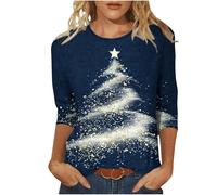 Keepink Christmas Jumpers for Women UK Plus Size 8-24 Glitter Xmas Tree Print 3/4 Sleeve Tops Cotton Crewneck Pullover Blouse Dressy Casual Tunic T Shirt Ladies Xmas Sweatshirts