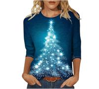 Keepink Christmas Jumpers for Women UK Plus Size 8-24 Glitter Xmas Tree Print 3/4 Sleeve Tops Cotton Crewneck Pullover Blouse Dressy Casual Tunic T Shirt Ladies Xmas Sweatshirts