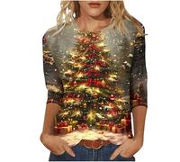Keepink Christmas Jumpers for Women UK Plus Size 8-24 Glitter Xmas Tree Print 3/4 Sleeve Tops Cotton Crewneck Pullover Blouse Dressy Casual Tunic T Shirt Ladies Xmas Sweatshirts