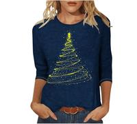 Keepink Christmas Jumpers for Women UK Plus Size 8-24 Glitter Xmas Tree Print 3/4 Sleeve Tops Cotton Crewneck Pullover Blouse Dressy Casual Tunic T Shirt Ladies Xmas Sweatshirts