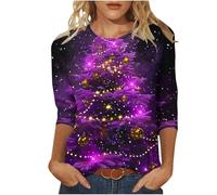 Keepink Christmas Jumpers for Women UK Plus Size 8-24 Glitter Xmas Tree Print 3/4 Sleeve Tops Cotton Crewneck Pullover Blouse Dressy Casual Tunic T Shirt Ladies Xmas Sweatshirts