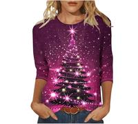 Keepink Christmas Jumpers for Women UK Plus Size 8-24 Glitter Xmas Tree Print 3/4 Sleeve Tops Cotton Crewneck Pullover Blouse Dressy Casual Tunic T Shirt Ladies Xmas Sweatshirts