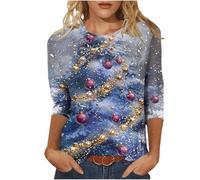 Keepink Christmas Jumpers for Women UK Plus Size 8-24 Glitter Xmas Tree Print 3/4 Sleeve Tops Cotton Crewneck Pullover Blouse Dressy Casual Tunic T Shirt Ladies Xmas Sweatshirts