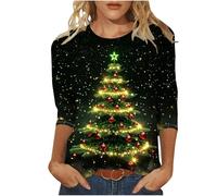 Keepink Christmas Jumpers for Women UK Plus Size 8-24 Glitter Xmas Tree Print 3/4 Sleeve Tops Cotton Crewneck Pullover Blouse Dressy Casual Tunic T Shirt Ladies Xmas Sweatshirts