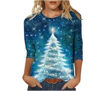 Keepink Christmas Jumpers for Women UK Plus Size 8-24 Glitter Xmas Tree Print 3/4 Sleeve Tops Cotton Crewneck Pullover Blouse Dressy Casual Tunic T Shirt Ladies Xmas Sweatshirts