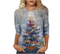 Keepink Christmas Jumpers for Women UK Plus Size 8-24 Glitter Xmas Tree Print 3/4 Sleeve Tops Cotton Crewneck Pullover Blouse Dressy Casual Tunic T Shirt Ladies Xmas Sweatshirts
