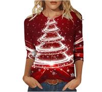 Keepink Christmas Jumpers for Women UK Plus Size 8-24 Glitter Xmas Tree Print 3/4 Sleeve Tops Cotton Crewneck Pullover Blouse Dressy Casual Tunic T Shirt Ladies Xmas Sweatshirts