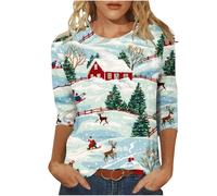 Keepink Christmas Jumpers for Women UK Plus Size 8-24 Glitter Xmas Tree Print 3/4 Sleeve Tops Cotton Crewneck Pullover Blouse Dressy Casual Tunic T Shirt Ladies Xmas Sweatshirts